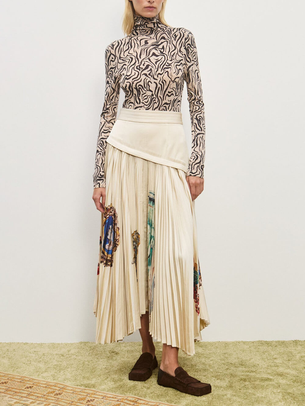 Retro Printed Ruched Patchwork Asymmetric Pleated Skirt