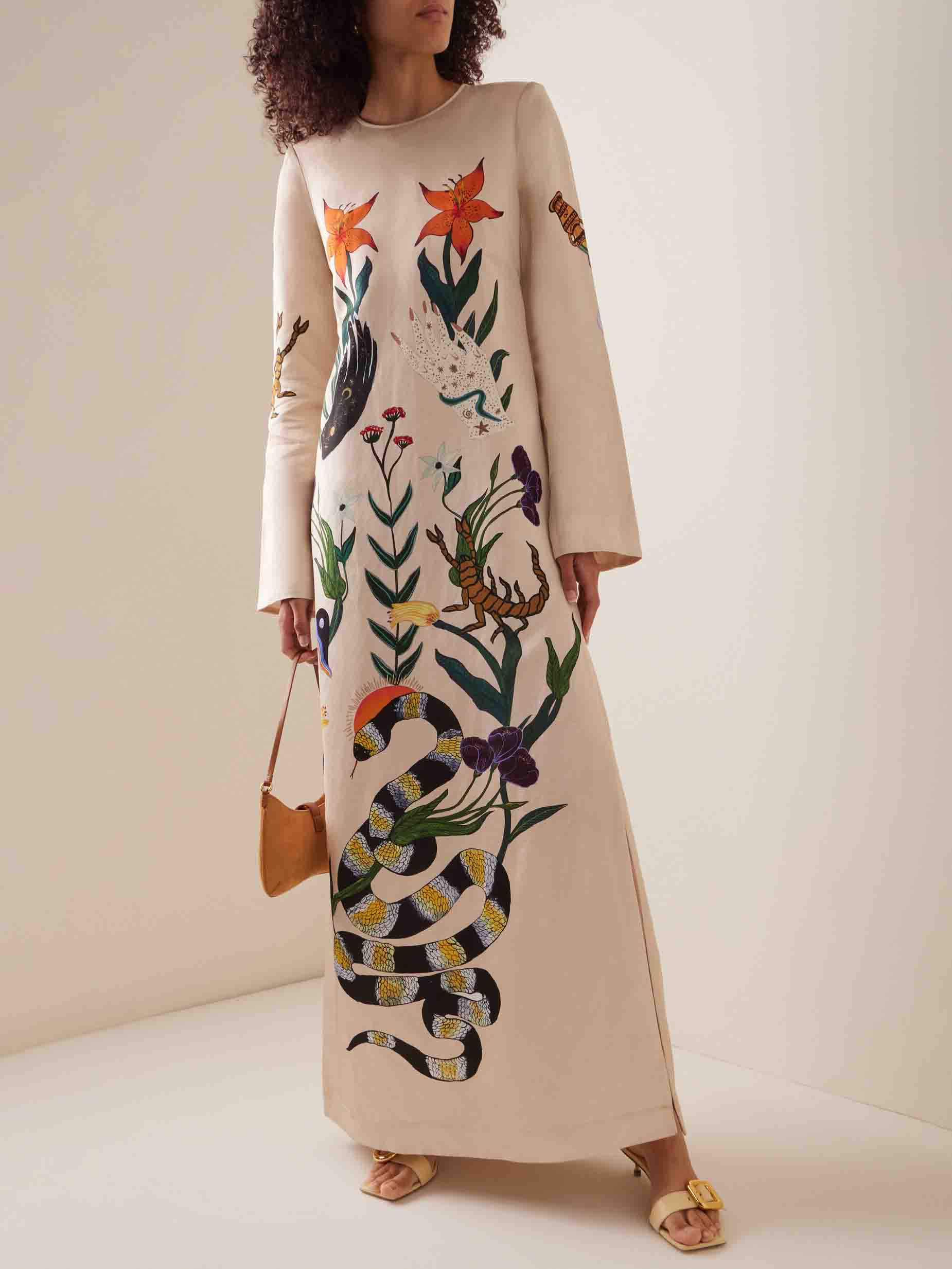 Modern Unique Floral Print Satin Slit Maxi Dress