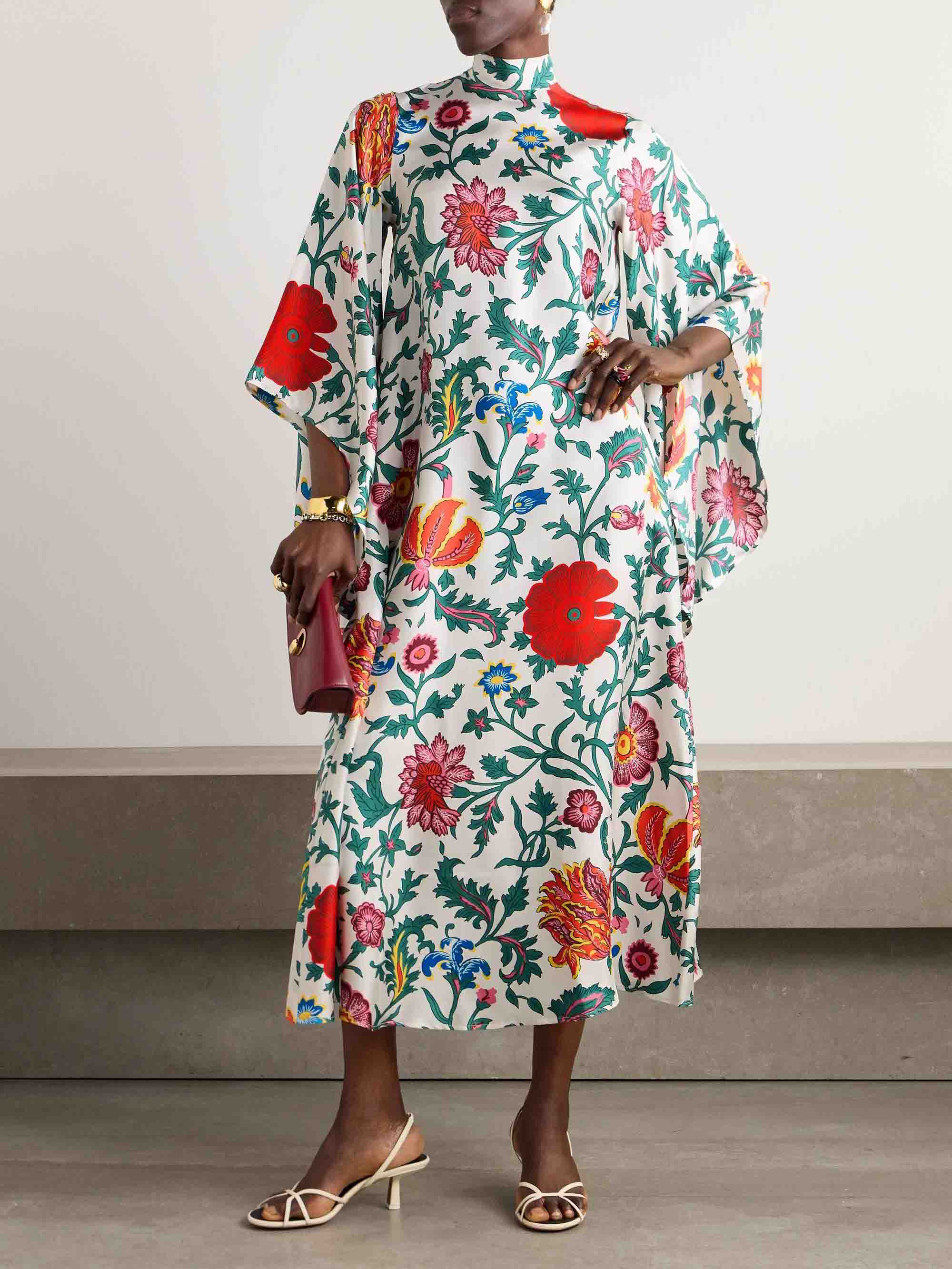 Exquisite Satin Garden Floral Print Trumpet Sleeve Maxi Dress
