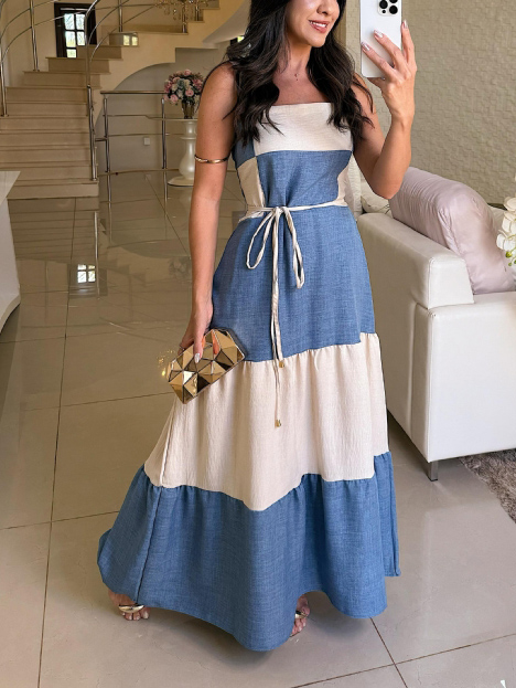 Casual Contrast Panel Square Neck Maxi Dress