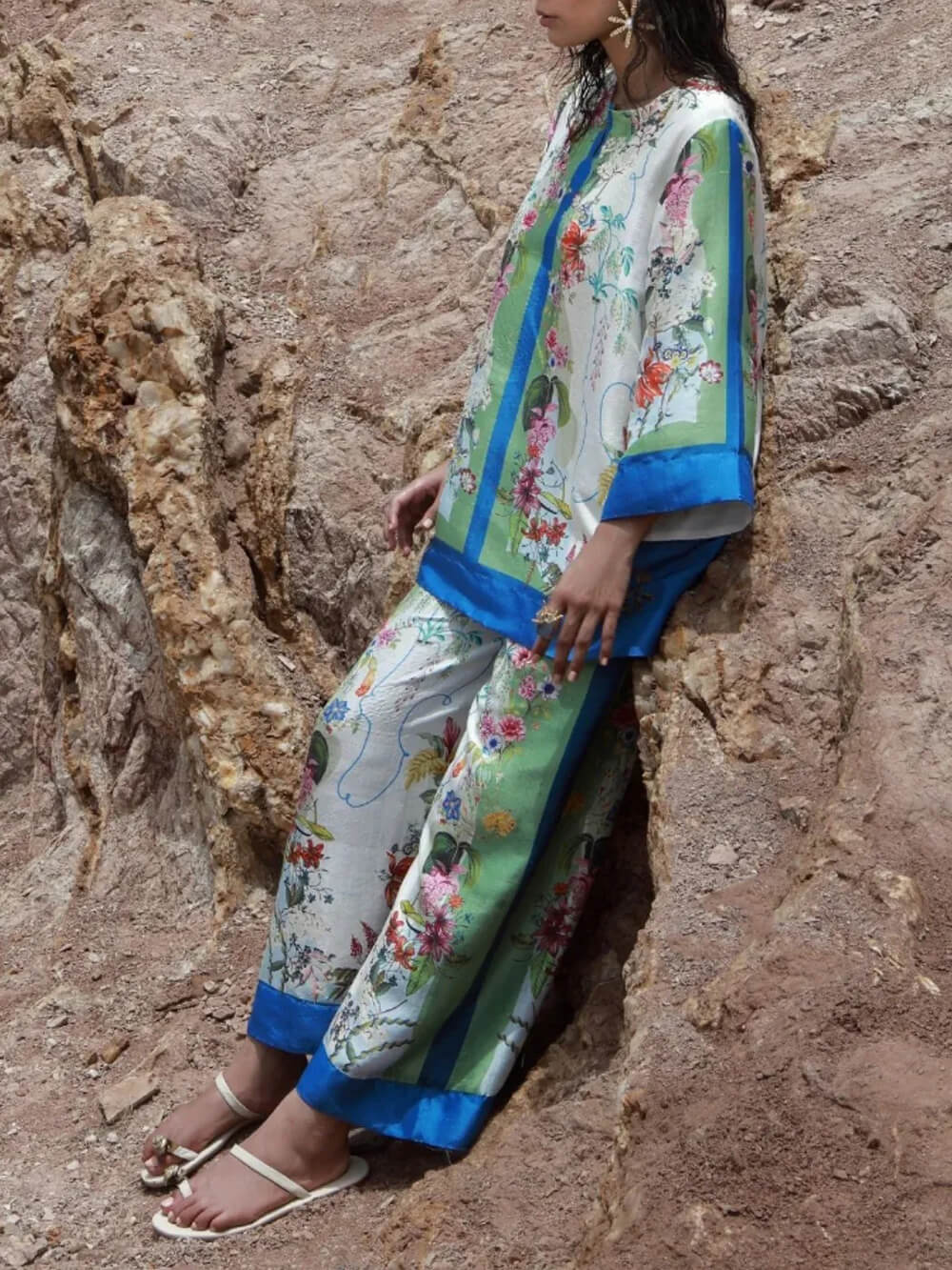 Modern Satin Floral Patchwork Wide-Leg Pants