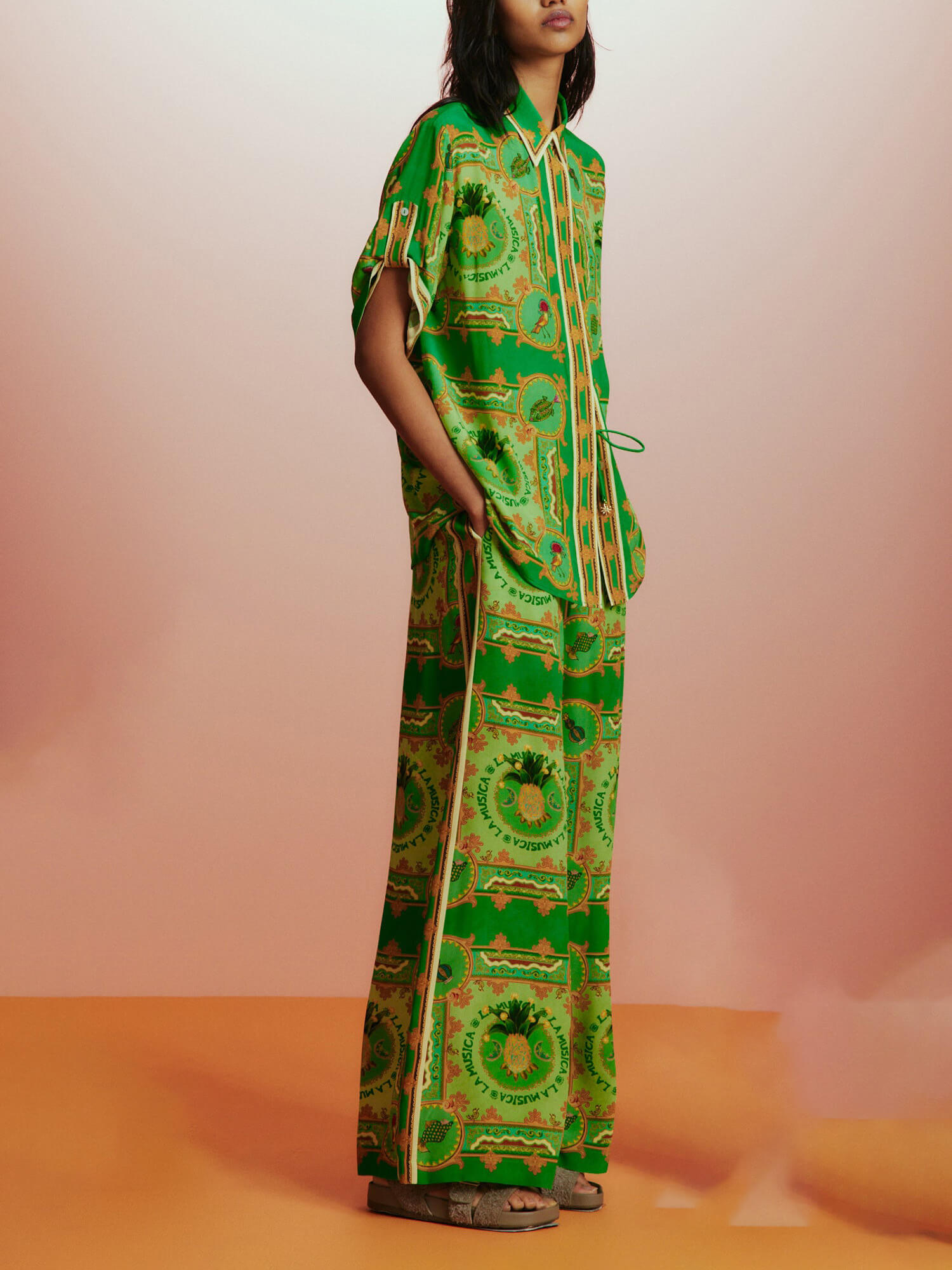 Unique Tropical Fruit Print Lace-up Loose Wide-leg Pants