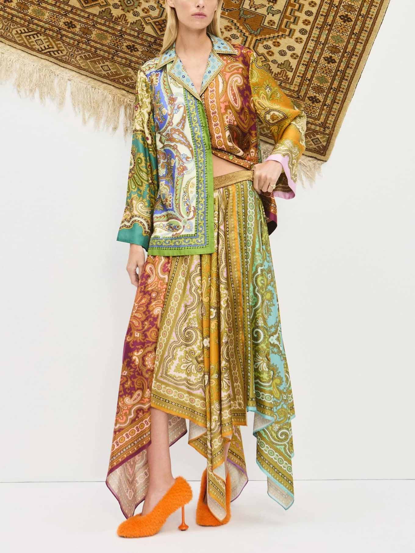 Retro Paisley Print Satin Irregular Skirt