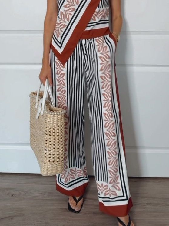 Unique Striped Floral Print Elastic Wide-leg Pants