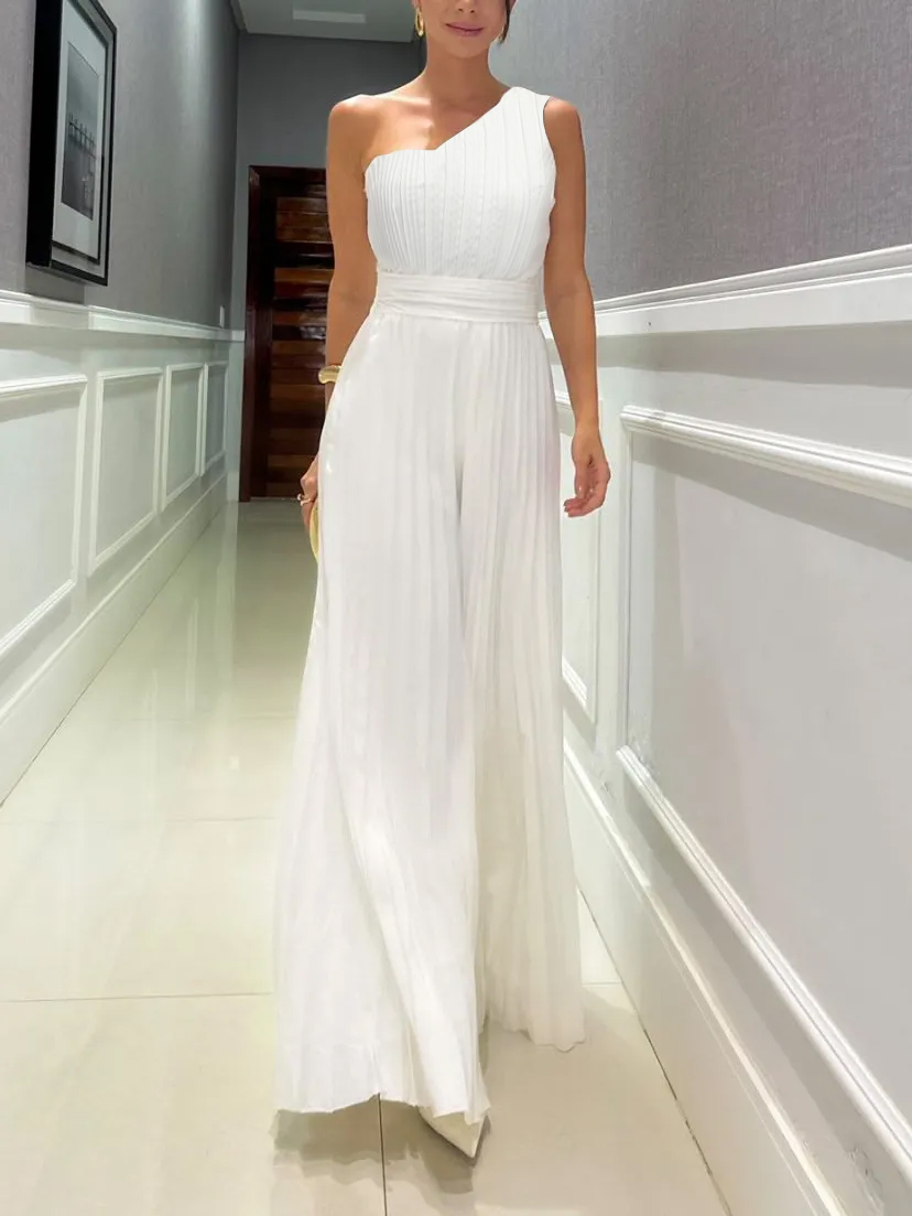 Elegant Pleated Slant Neck Waist Jumpsuit