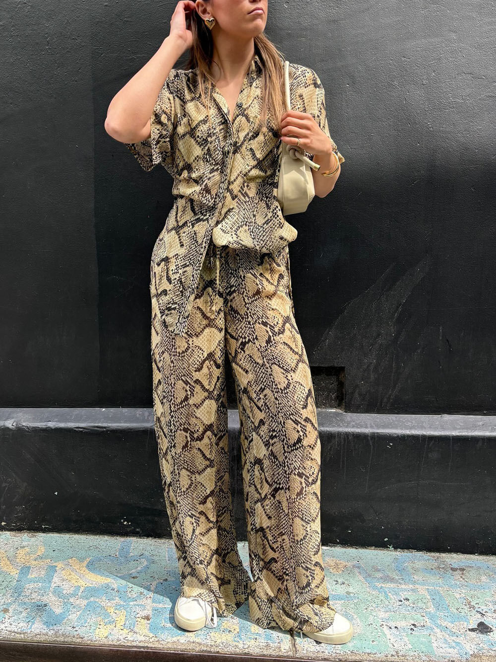 Modern Feel Satin Unique Snake Print Button Down Loose Shirt