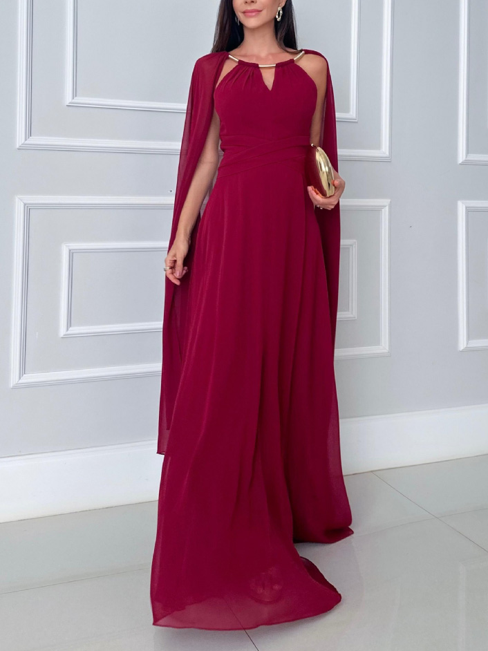 Elegant Cape Sleeve Slit Long Party Maxi Dress