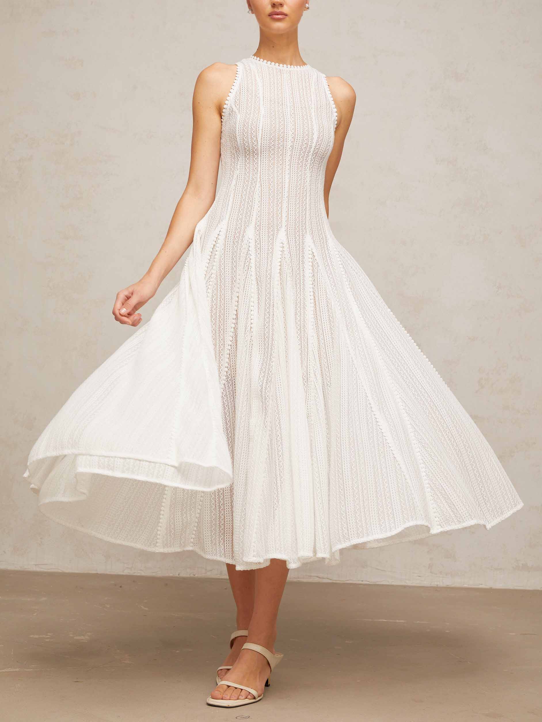 Elegant Hollow Lace Slim Sleeveless Swing Midi Dress
