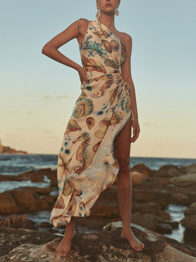 Exquisite Shell Print Side Slit Maxi Dress