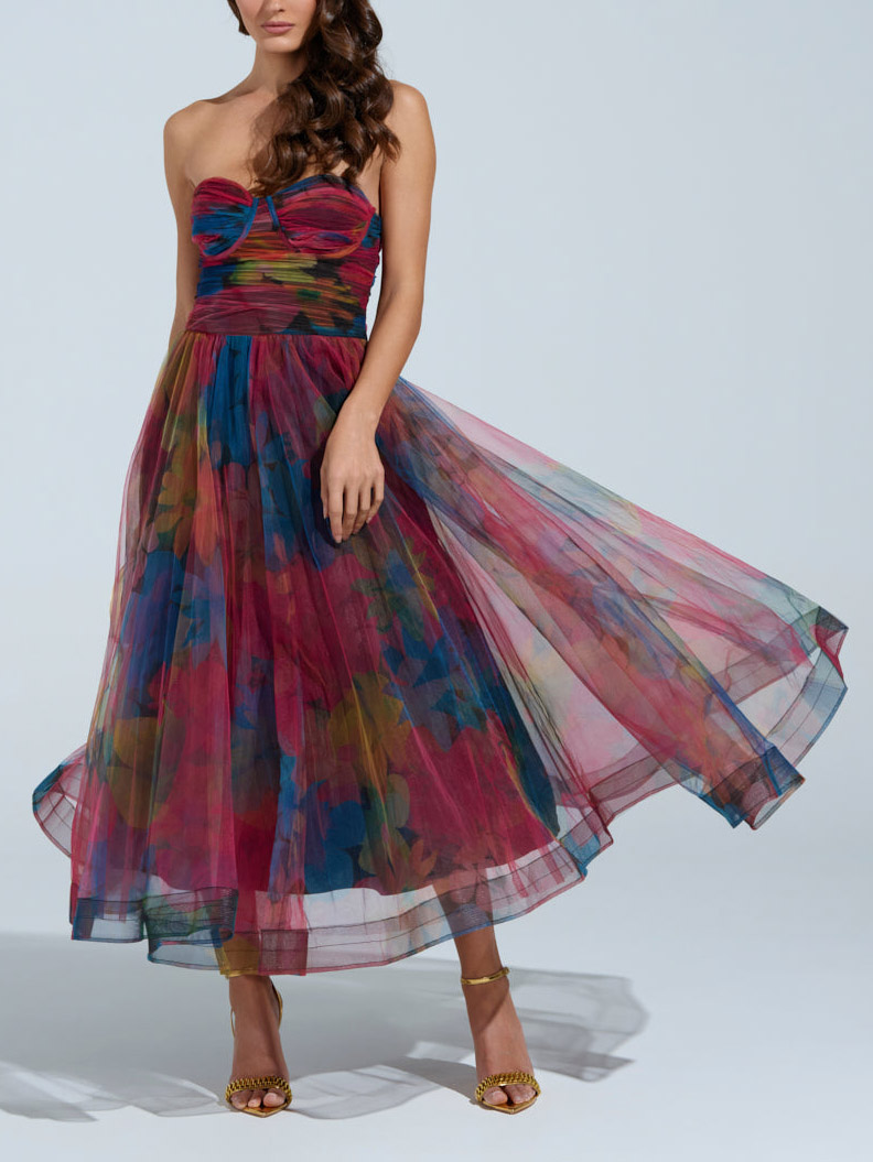 Elegant Fantasy Tulle Floral Print Midi Dress