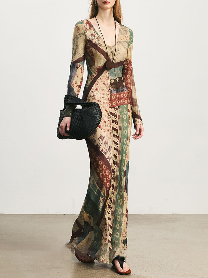 Vintage Oil Painting Floral Print V Neck Maxi Dress