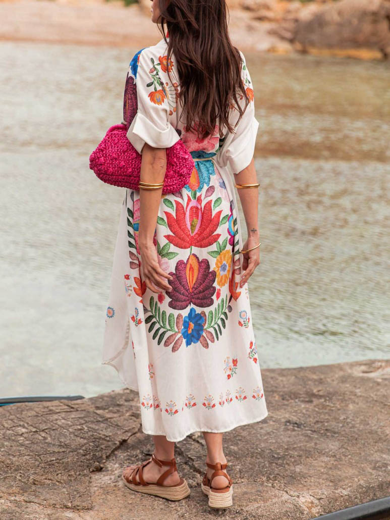 Casual Positioning Print Loose Resort Shirt Midi Dress