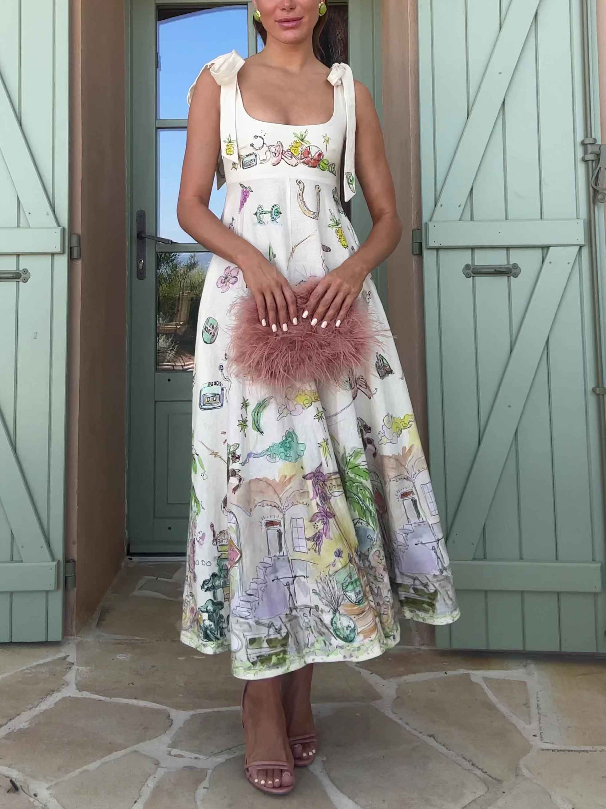 Exquisite Fantasy Floral Print Lace-up Maxi Dress