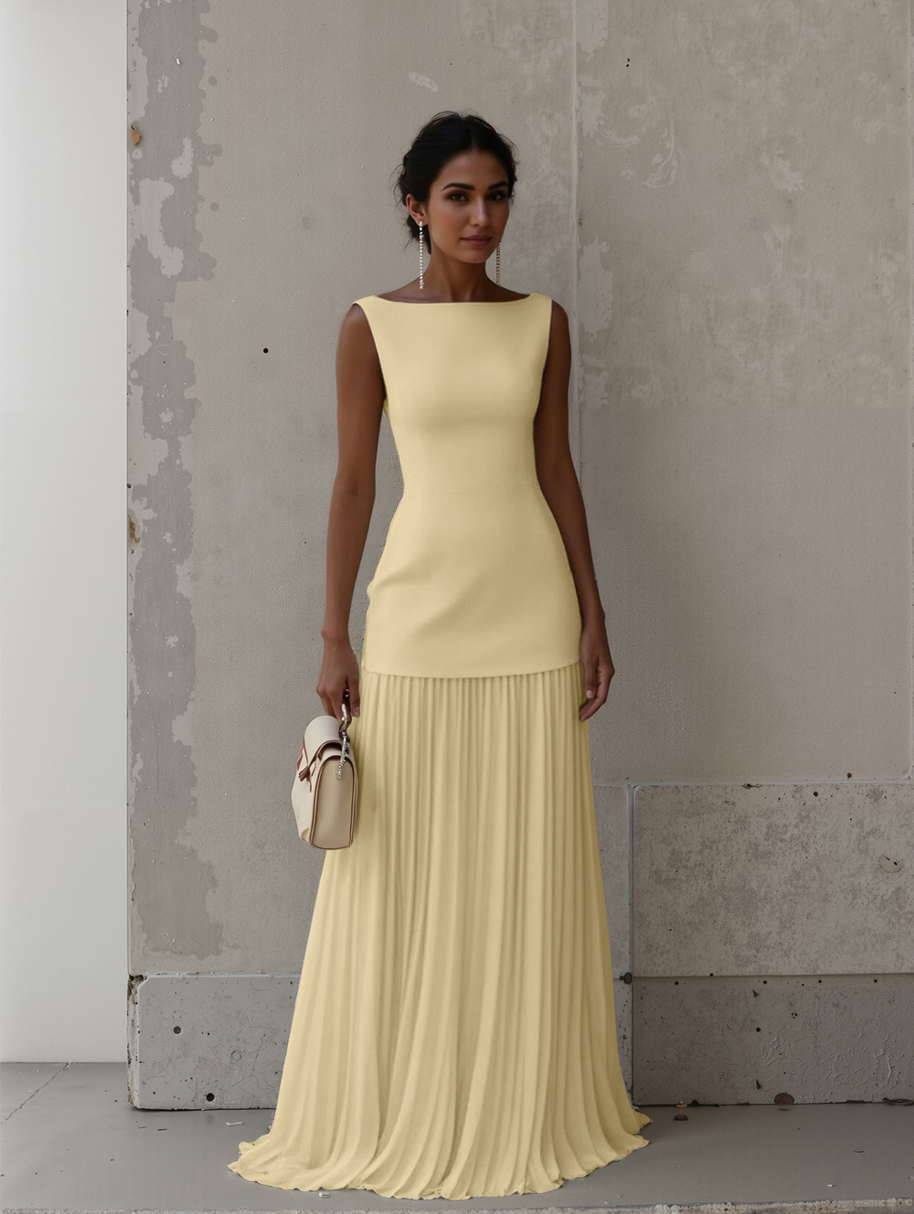 Elegant Pleated Classic Boat Neck Pleated Maxi Dress
