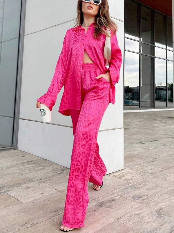 Leopard Print Loose Shirt Wide Leg Pants Casual Suit