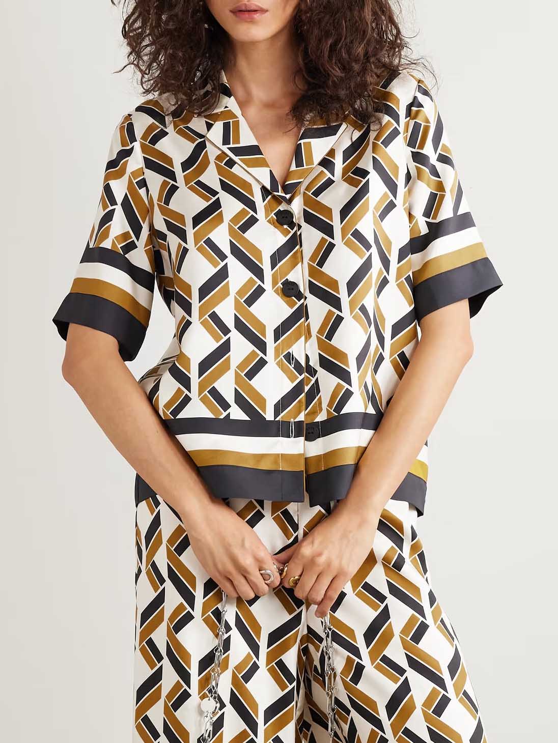 Exquisite Satin Geometric Print Short-sleeved Shirt