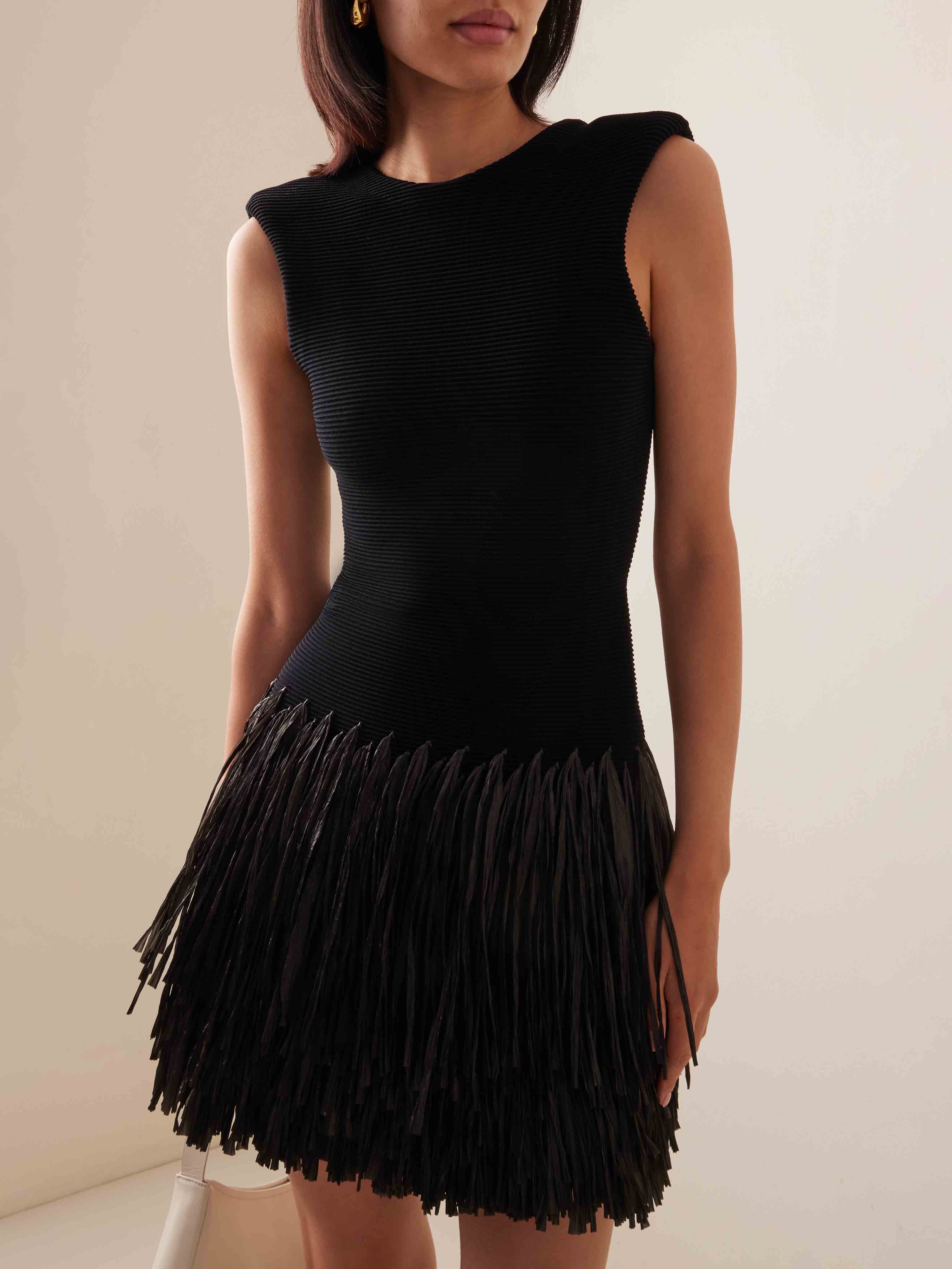 Elegant Raffia Layered Fringed Knitted Mini Dress