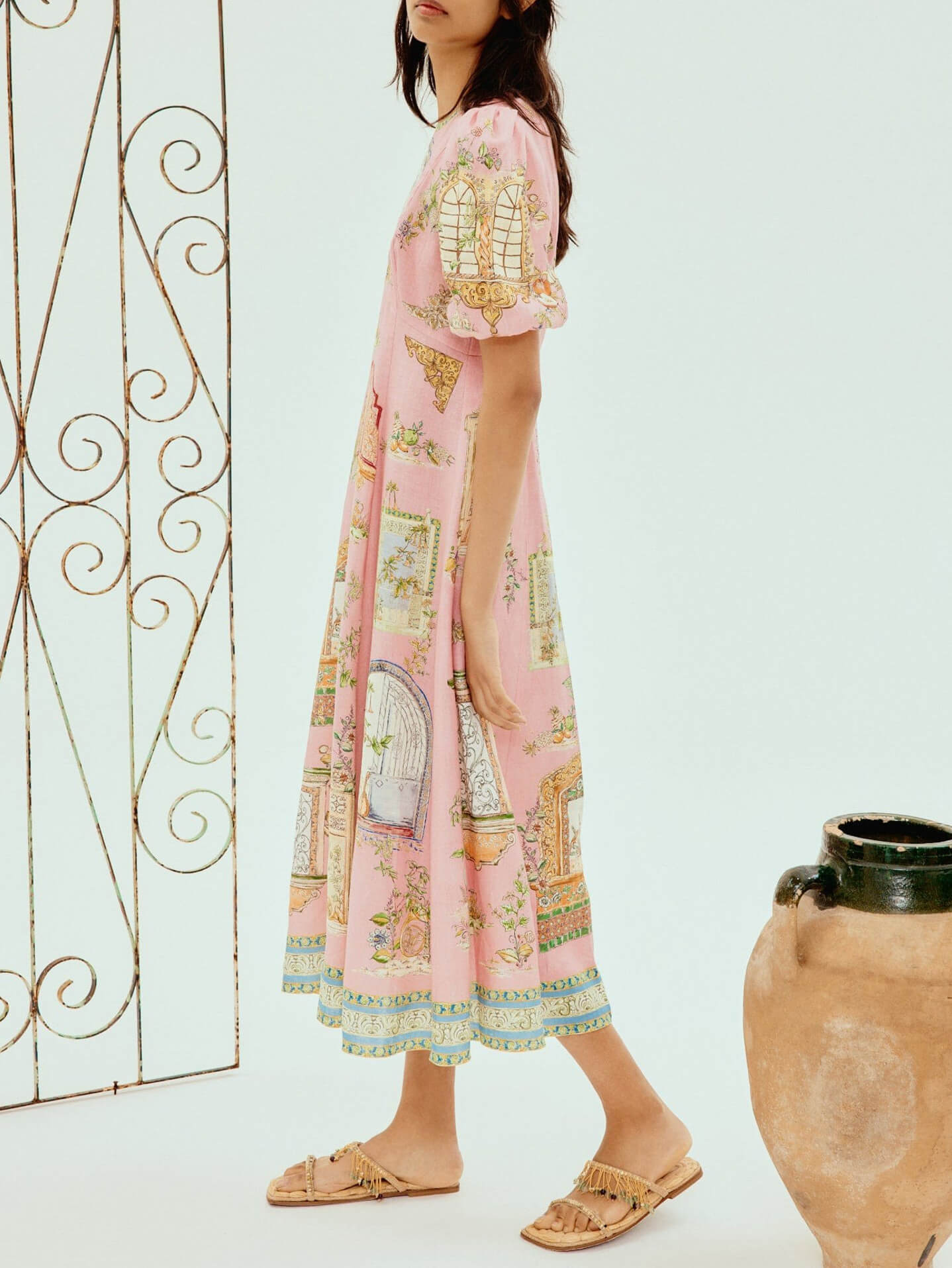 Exquisite Garden Print Puff Sleeve A-Line Midi Dress