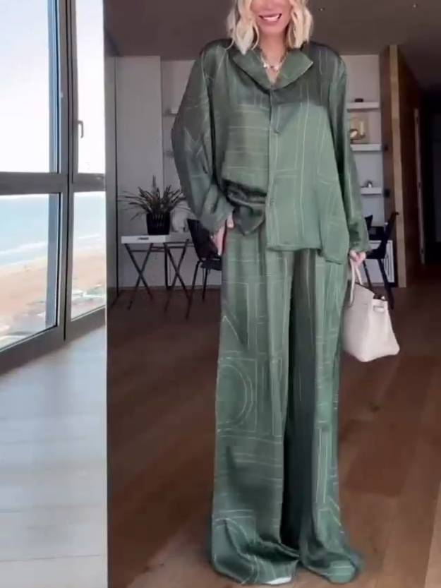 Geometric Letter Print Shirt Wide Leg Suit-Shirt