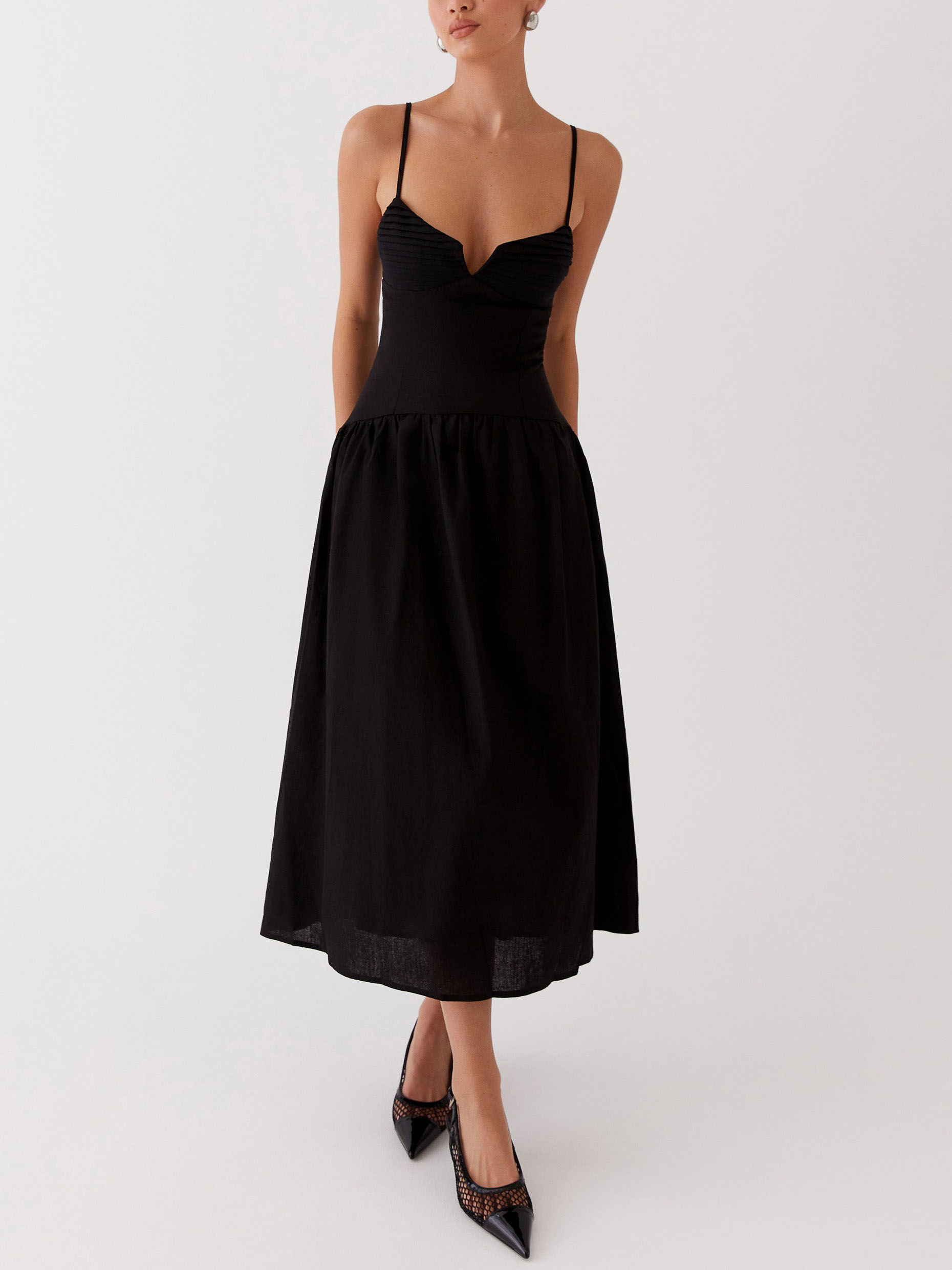 Elegant Vintage V-Neck Suspender Midi Dress