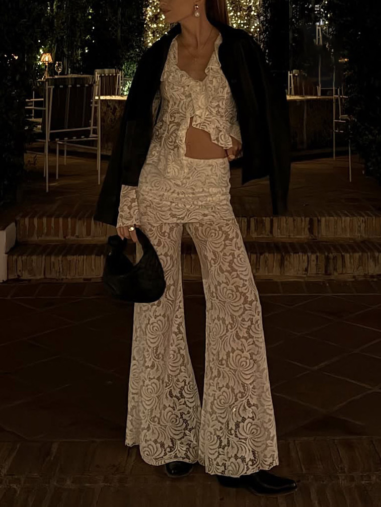 Sheer Lace High Waist Flared Pants