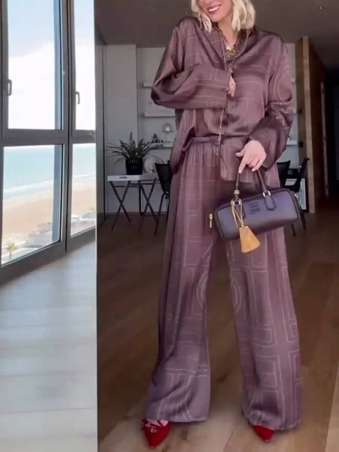 Geometric Letter Print Shirt Wide Leg Suit-Pants