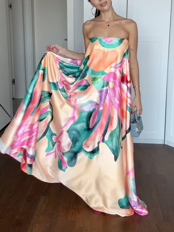 Elegant Wrap-neck Abstract Floral Print Satin Maxi Dress