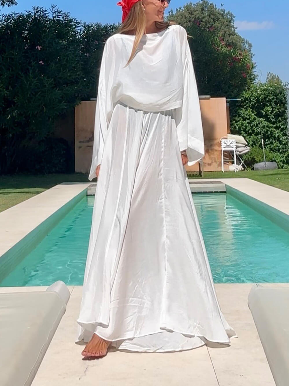 Elegant Unique Satin Ruched Flared Wide Swing A-Line Skirt