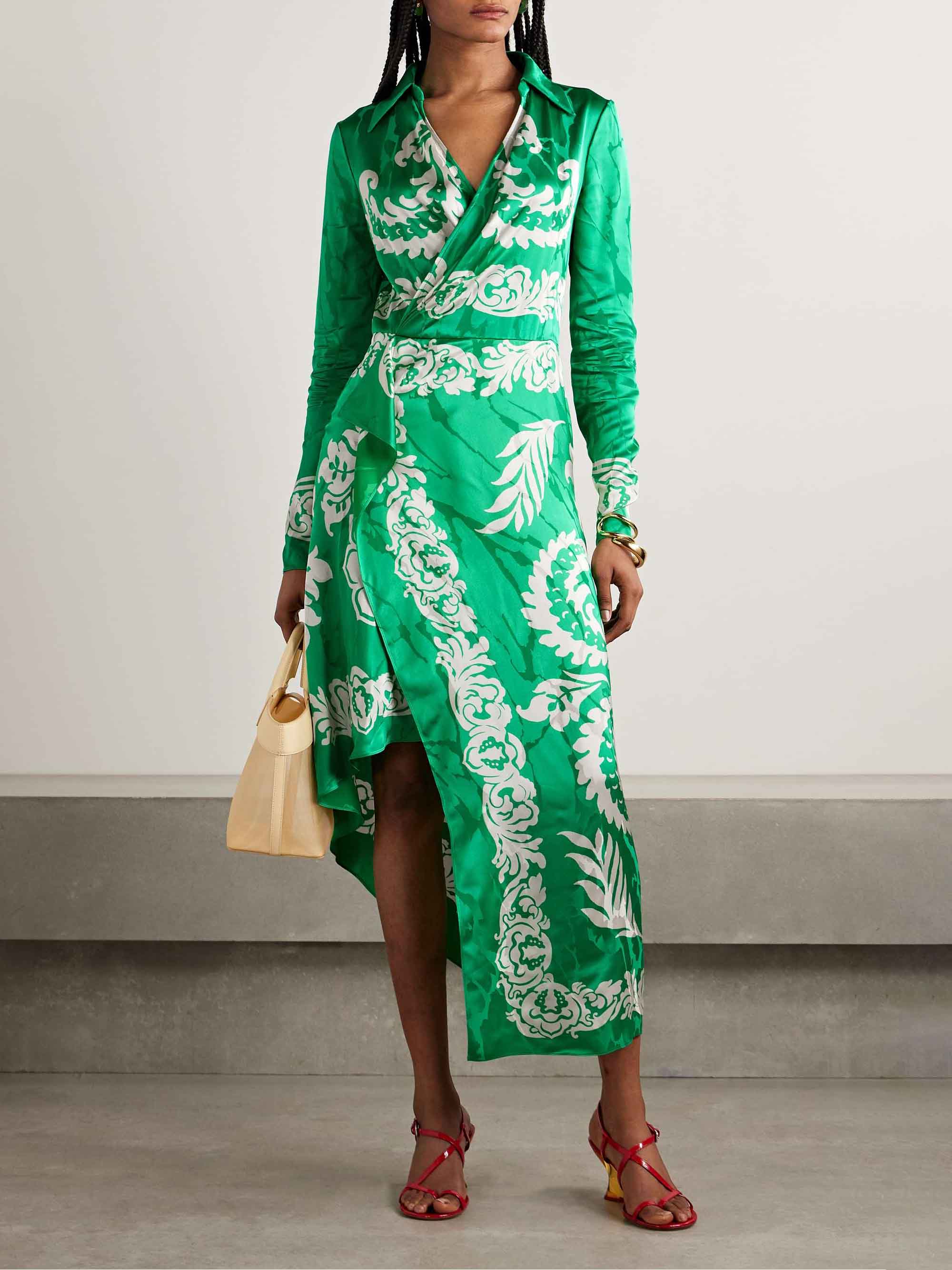 Elegant Wrap Floral-Print Satin Midi Dress