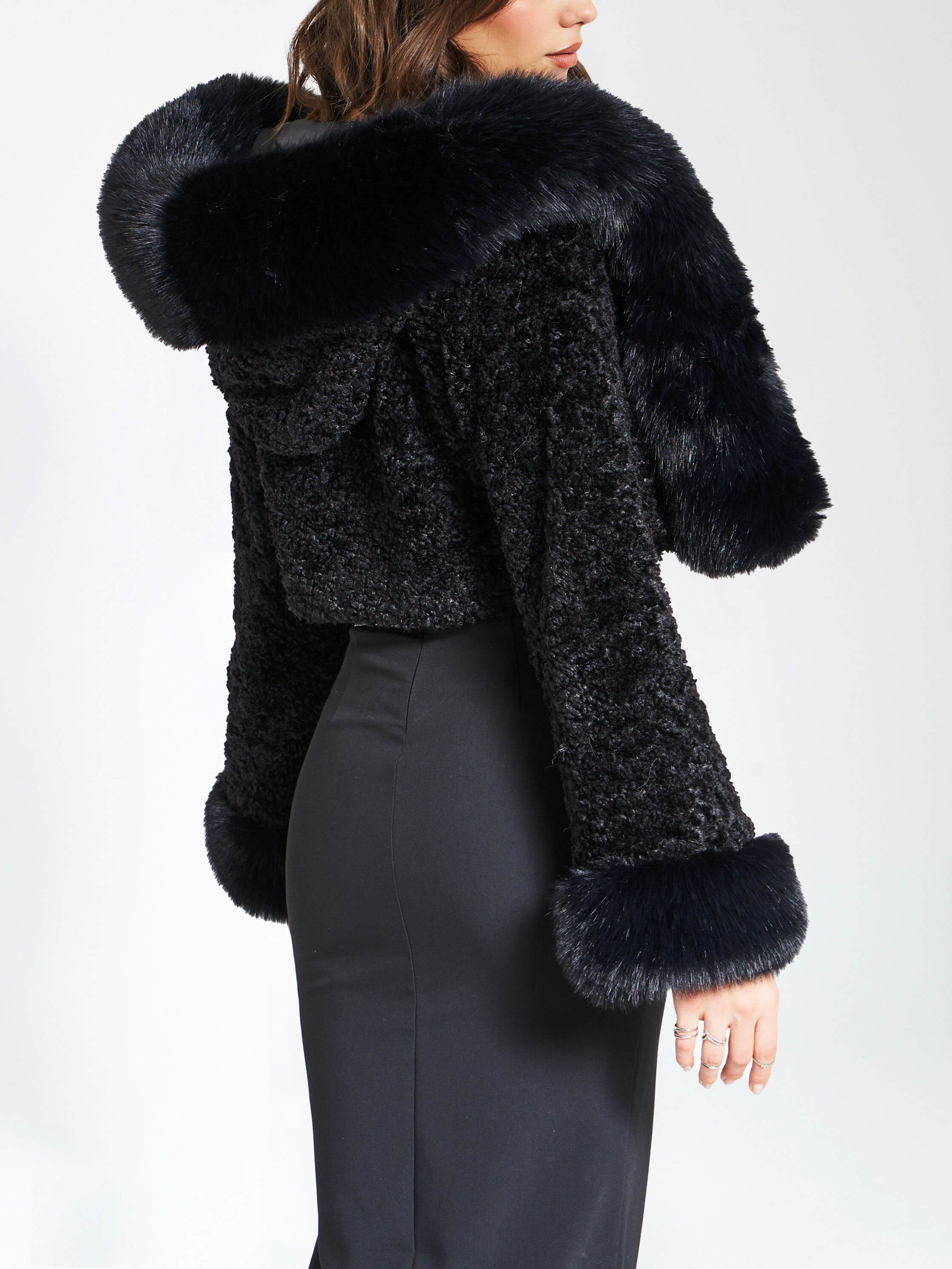 Faux Fur Hooded Cropped Coat With Rabbit Fur Collar