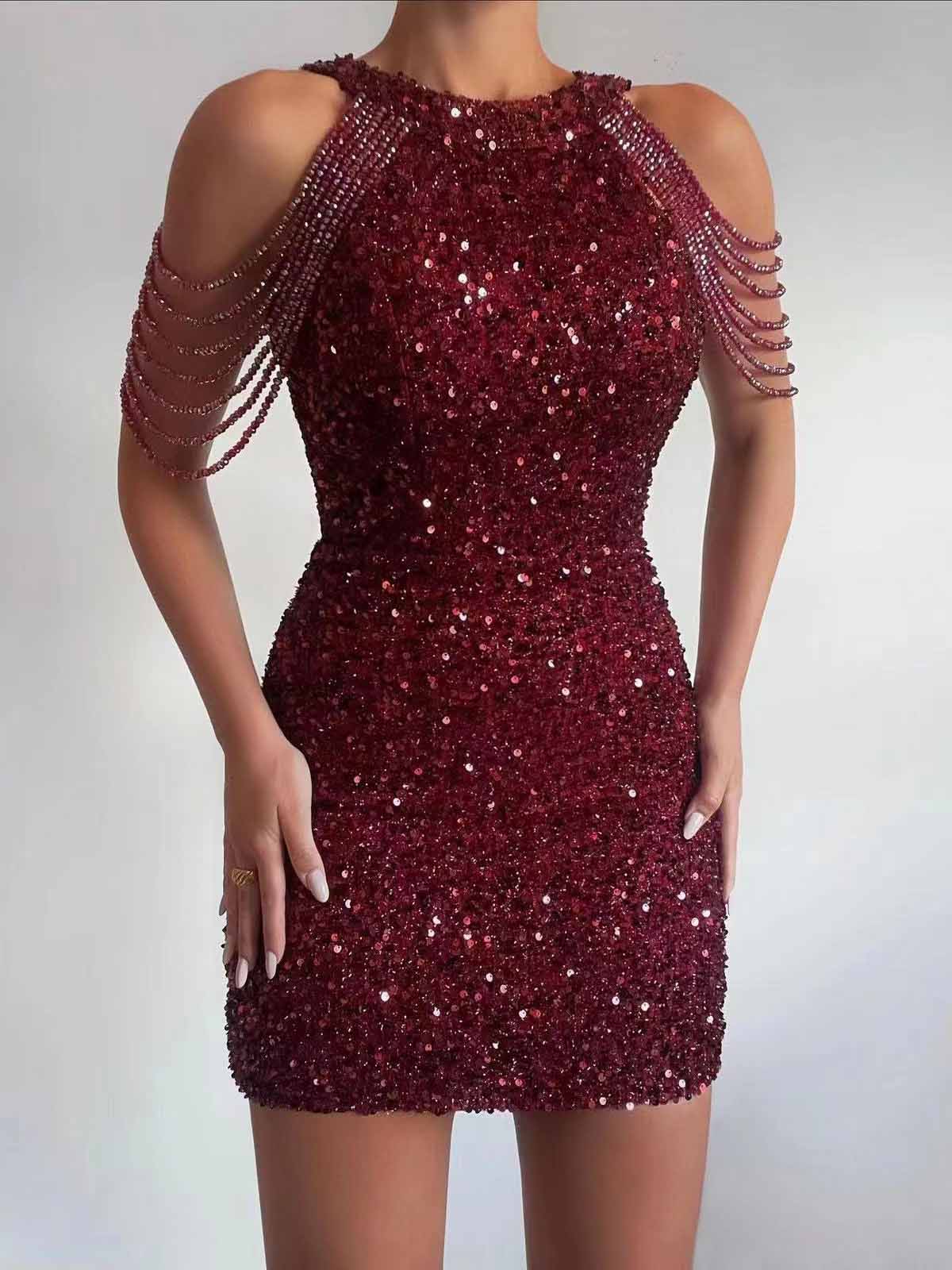 Elegant Crystal Chain Sequin Mini Dress