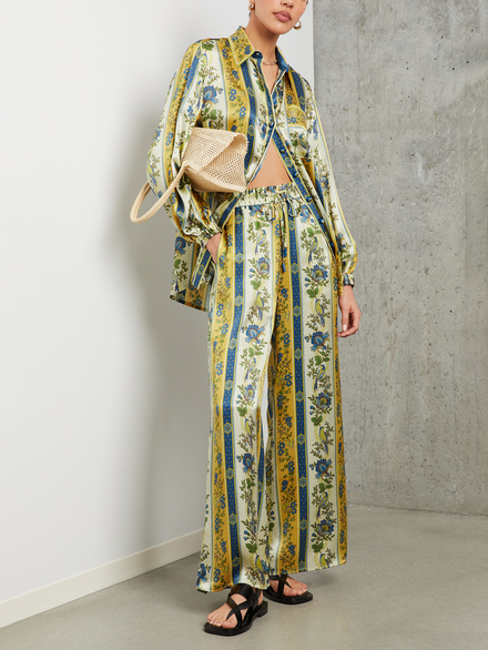 Unique Satin Floral Stripe Print Loose Shirt