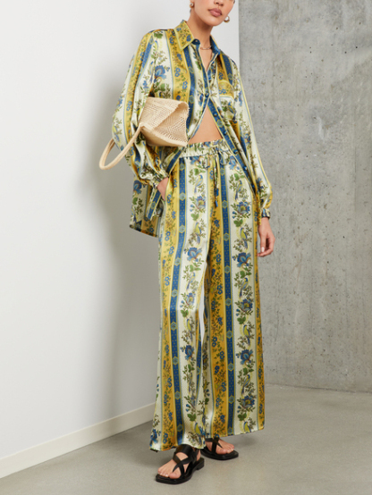 Unique Satin Floral Stripe Print Loose Shirt