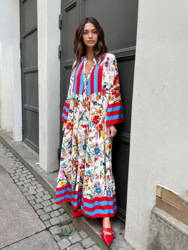 Resort Floral Print Bell Sleeve Maxi Dress