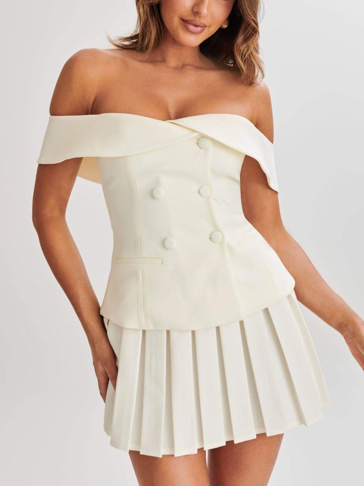 Elegant Double Breasted Off-Shoulder Top Pleated Skirt Two-Piece Set