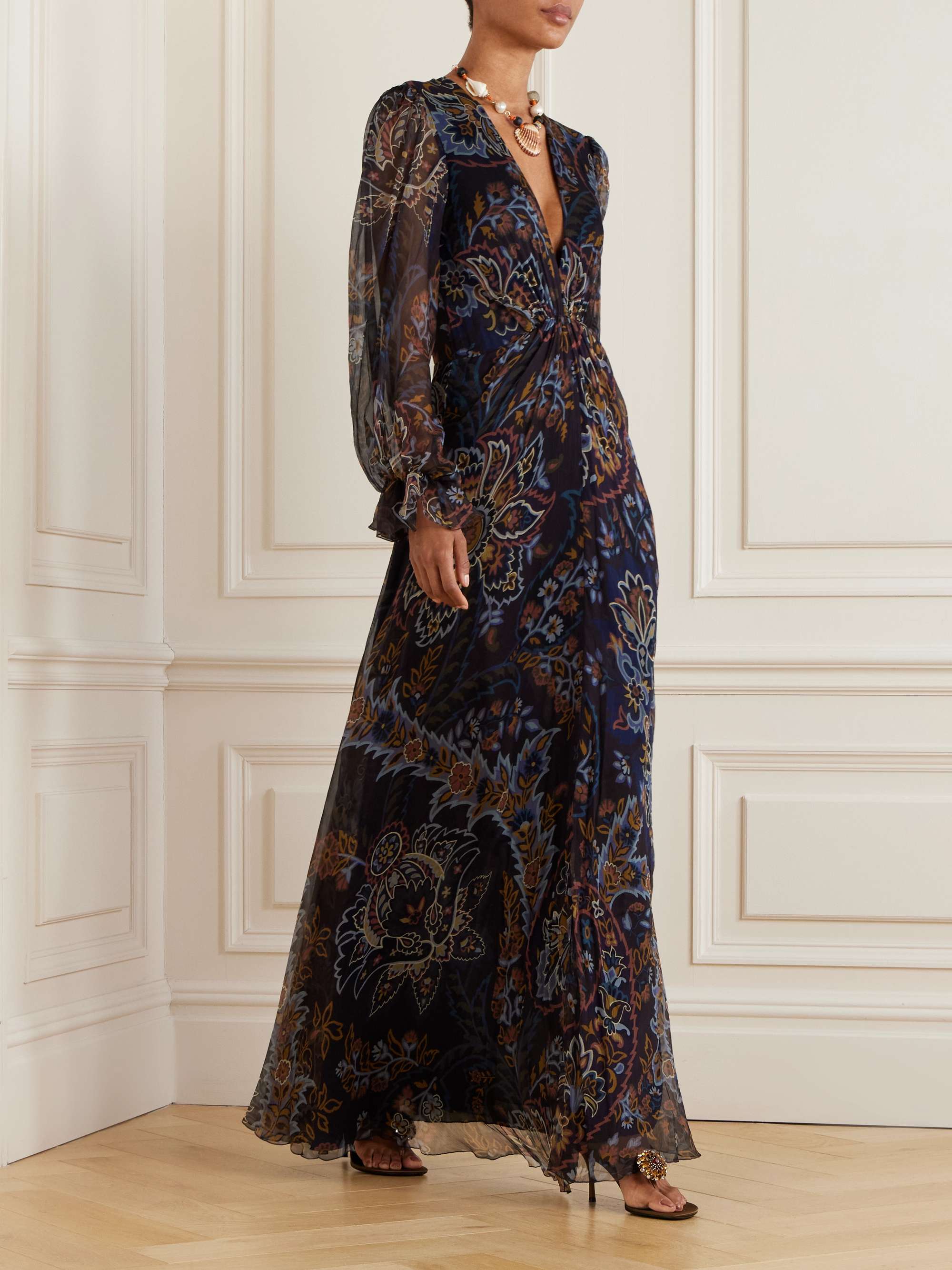 Elegant Pleated Gathered Floral Print Maxi Dress