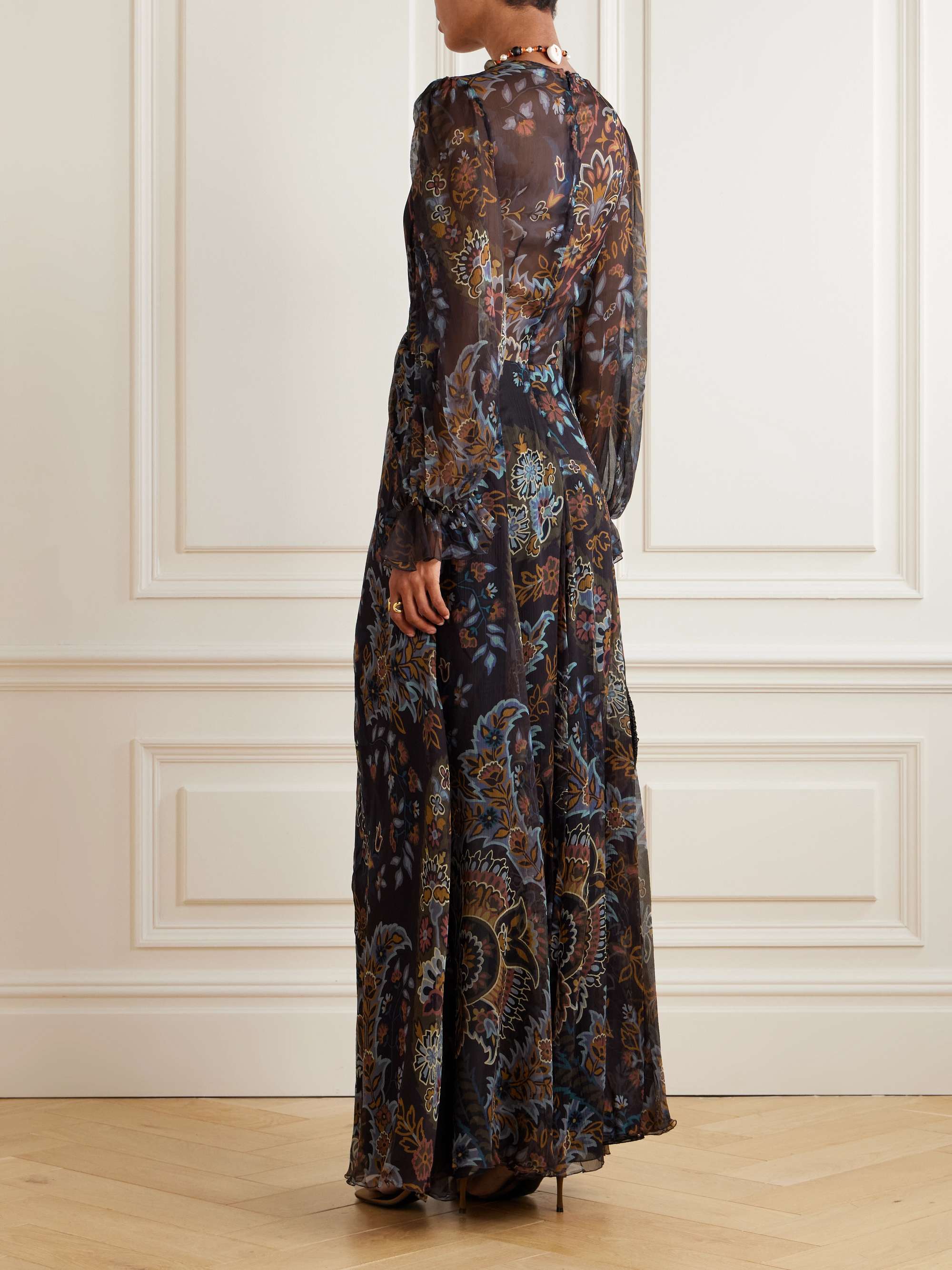 Elegant Pleated Gathered Floral Print Maxi Dress