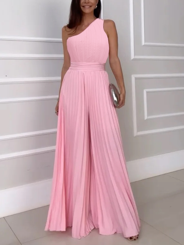 Elegant Pleated Slant Neck Waist Jumpsuit