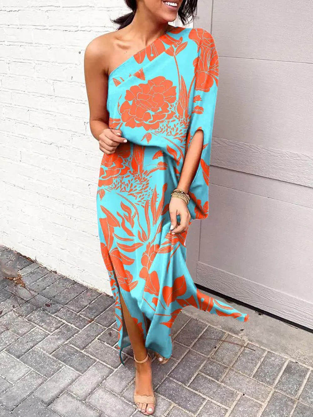 Exquisite Rose Print One Shoulder Slit Maxi Dress