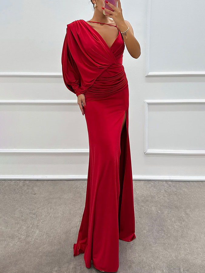 Fashion V-Neck Pleated Slit Sexy Maxi Dress
