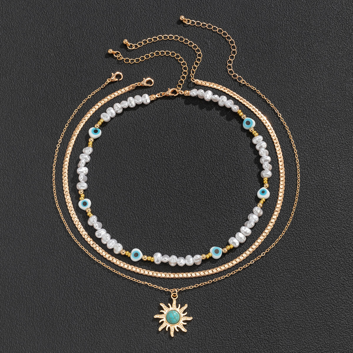 Ethnic Style Special-Shaped Imitation Pearl Bead Necklace Retro Turquoise Sun Eye Necklace