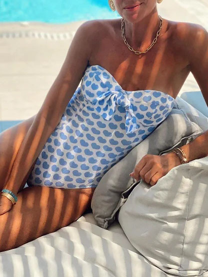 Sweet Heart Print Bowknot One-Piece Swimsuit Set