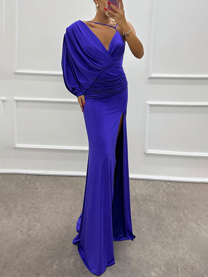 Fashion V-Neck Pleated Slit Sexy Maxi Dress