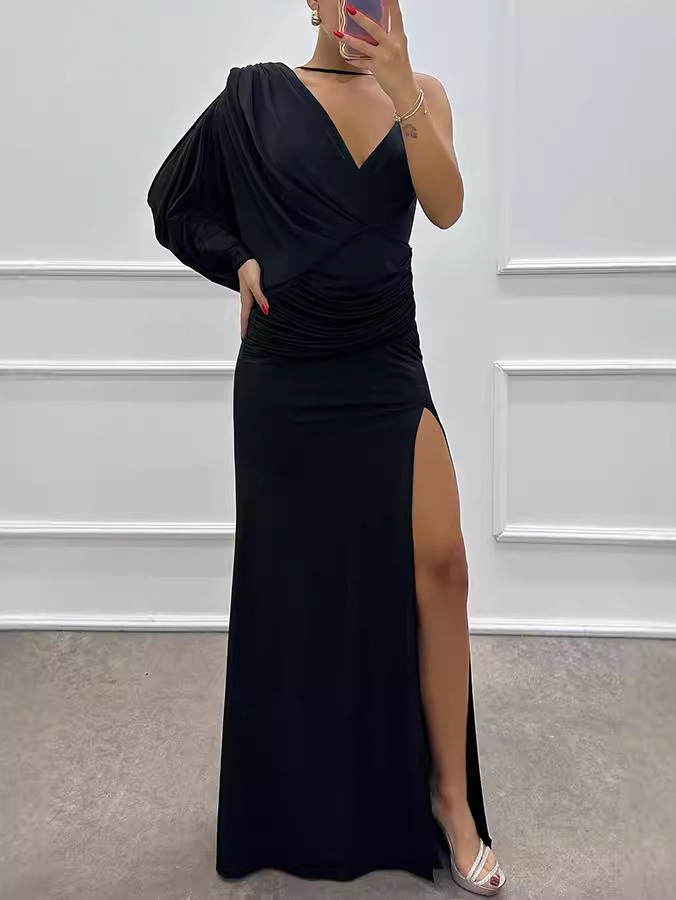 Fashion V-Neck Pleated Slit Sexy Maxi Dress