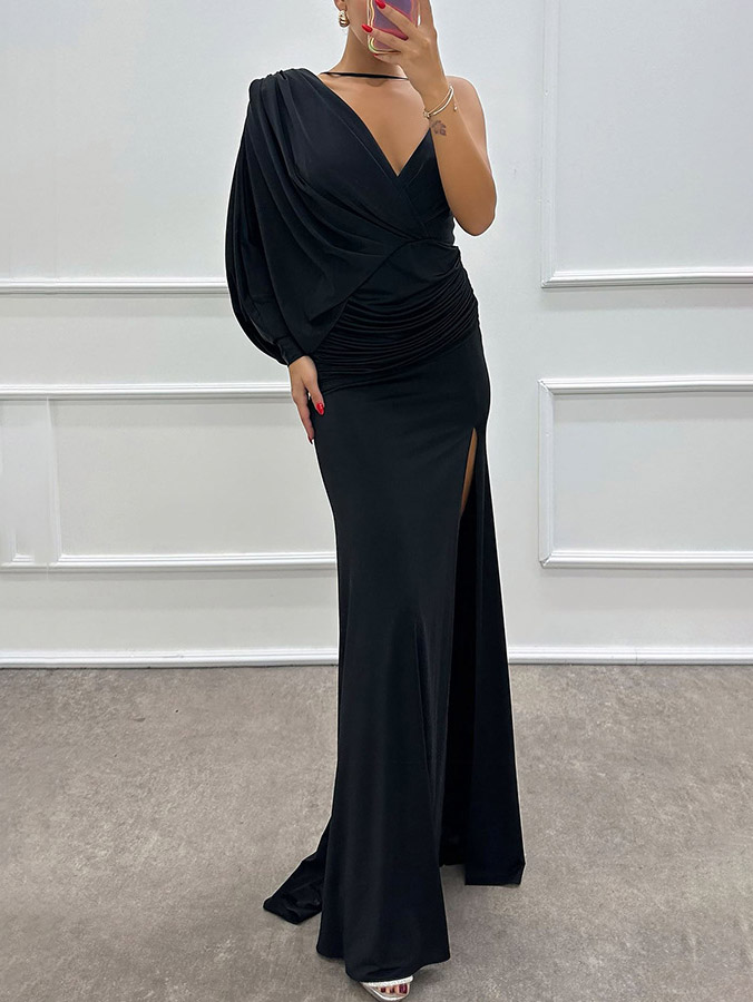 Fashion V-Neck Pleated Slit Sexy Maxi Dress