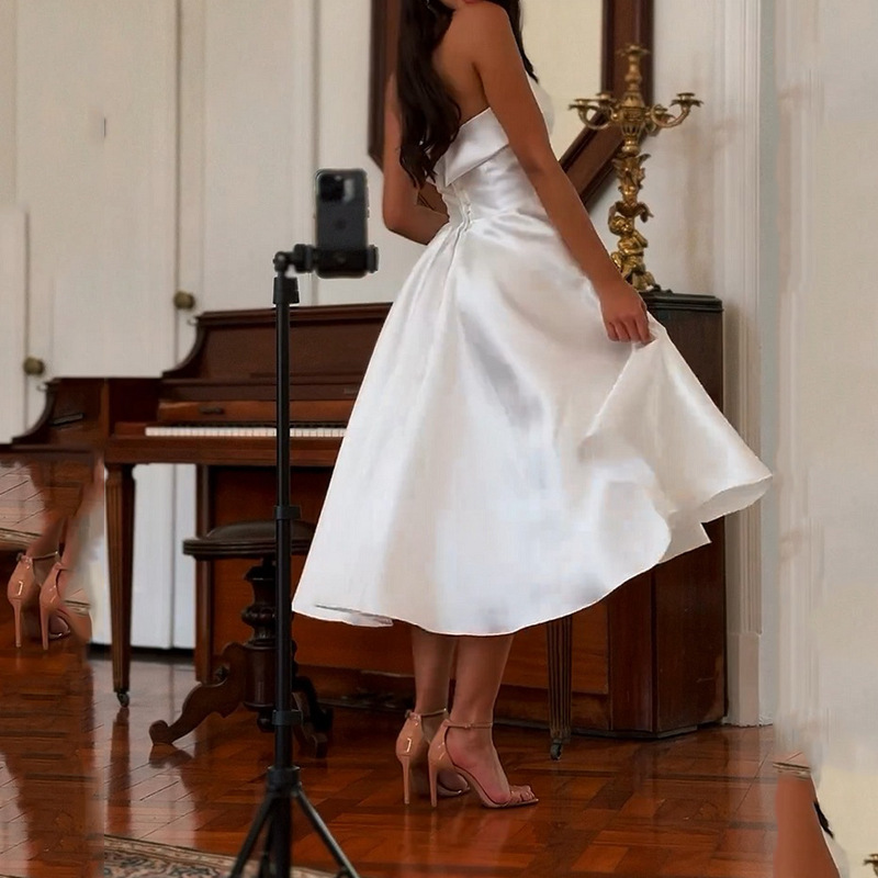 Elegant Strapless Solid Color Midi Dress