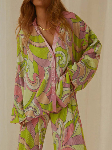 Unique Painted Print Pleated Loose Shirt