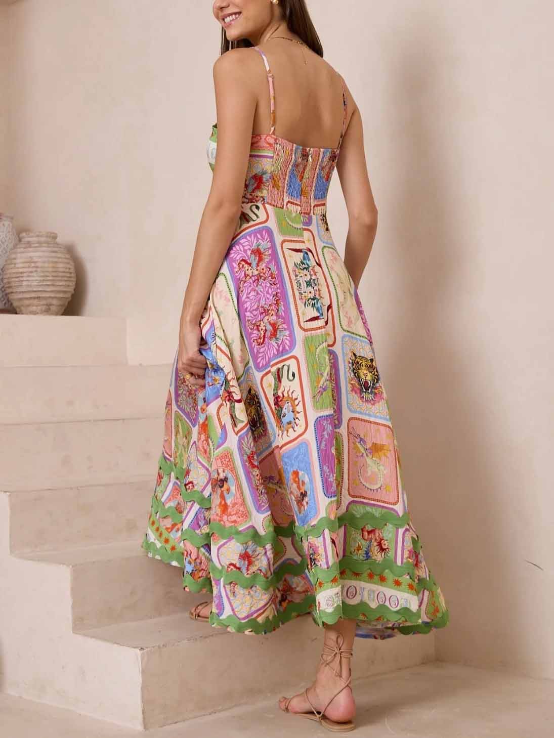 Unique Painted Print Sleeveless Lace Maxi Dress