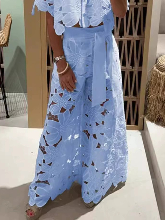 Exquisite Floral Embroidered Hollow Lace Wide-Leg Pants