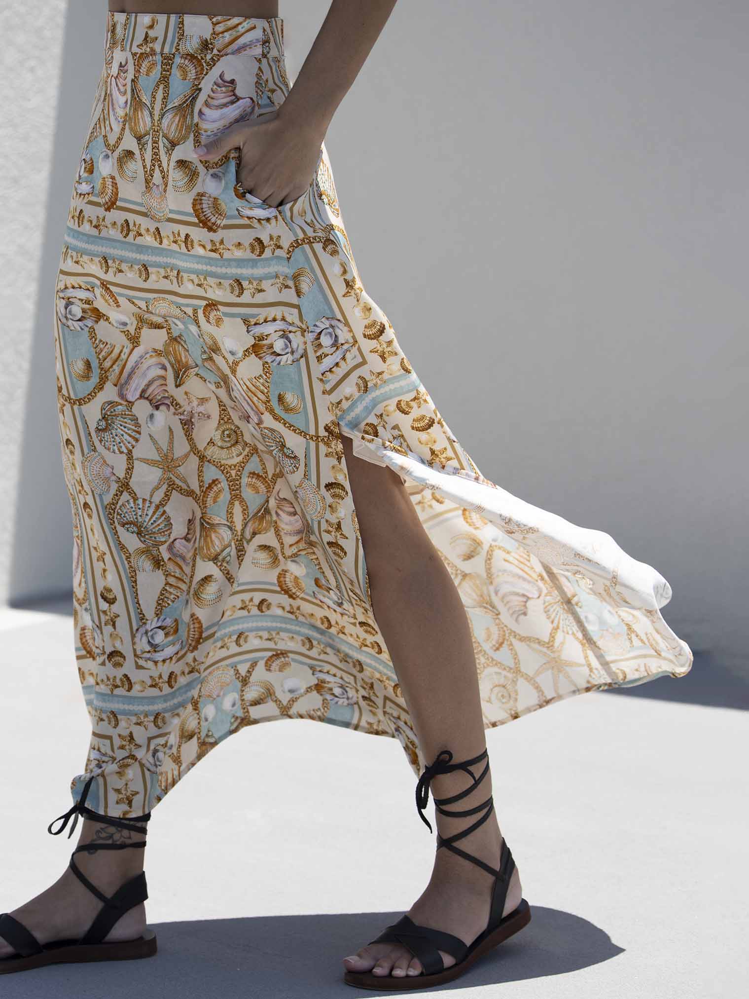 Exquisite Ocean Treasure Print Slit Skirt